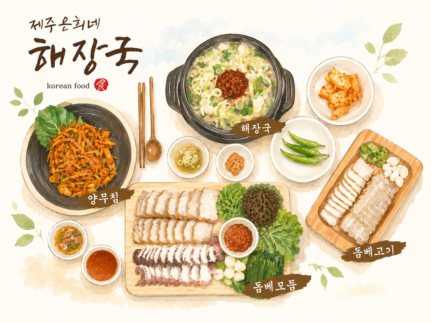 해장국과 양무침, 돔베모둠, 돔베고기 제주 음식 수채화